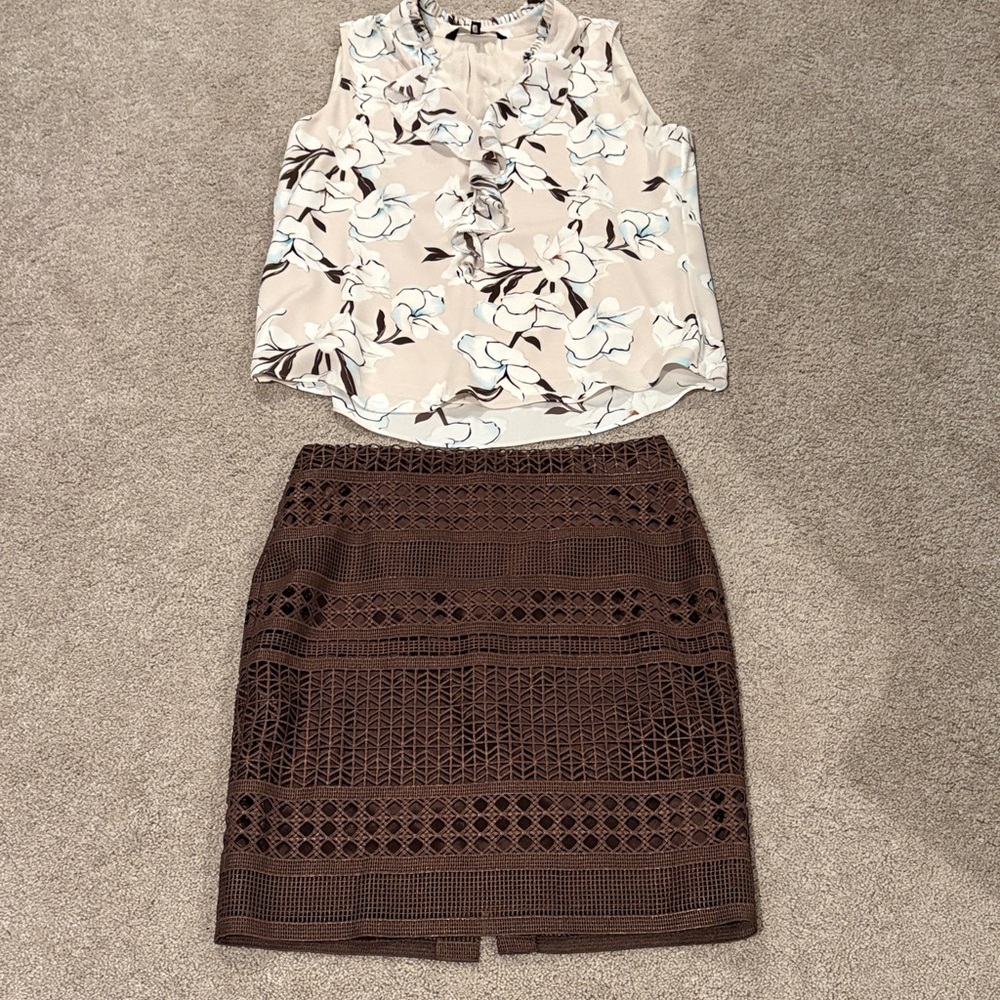 White House Black Market Brown Skirt Size 4 and Sleeveless frilly blouse. Size M